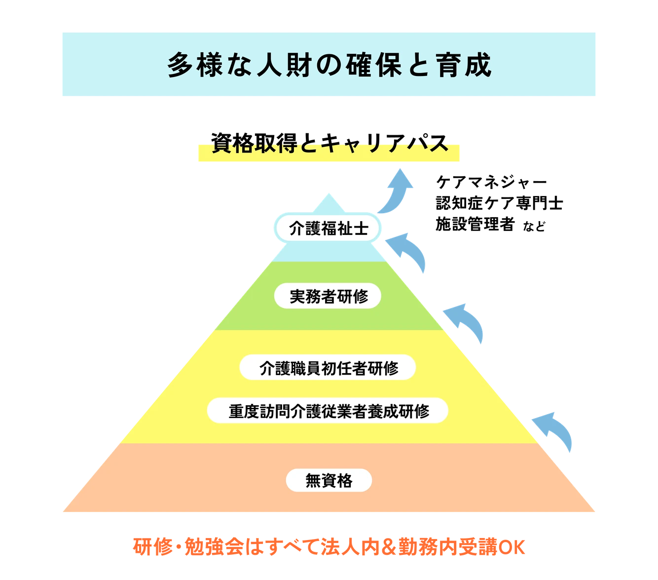 多様な人財の確保と育成：資格取得とキャリアパス。無資格から、介護職員初任者研修・重度訪問介護従業者養成研修、実務者研修、介護福祉士、ケアマネジャー・認知症ケア専門士・施設管理者などへ。研修・勉強会はすべて法人内＆勤務内受講OK